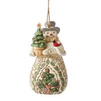 Jim Shore Heartwood White Woodland - Snowman With Tree Hanging Ornament