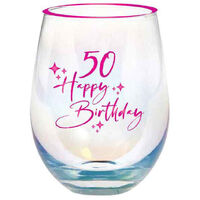 Happy Birthday 50th Pink Foil Stemless Wine Glass