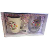 Teacher Mug and Stemless Wine Glass Gift Set - Best Teacher Ever Pencil